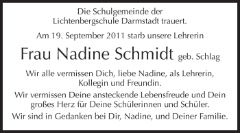 Traueranzeige von Nadine Schmidt von Echo-Zeitungen (Gesamtausgabe)