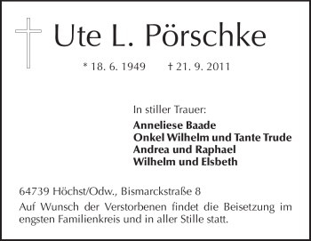 Traueranzeige von Ute L. Pörschke von Odenwälder Echo