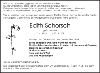 Traueranzeige von Edith Schorsch von Rüsselsheimer Echo, Groß-Gerauer-Echo, Ried Echo