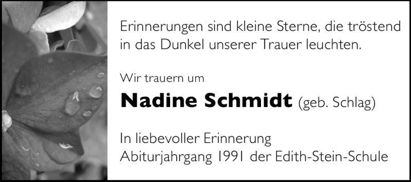  Traueranzeige für Nadine Schmidt vom 24.09.2011 aus Echo-Zeitungen (Gesamtausgabe)