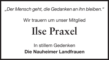 Traueranzeige von Ilse Praxel von Rüsselsheimer Echo, Groß-Gerauer-Echo, Ried Echo