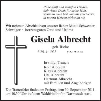 Traueranzeige von Gisela Albrecht von Darmstädter Echo, Odenwälder Echo, Rüsselsheimer Echo, Groß-Gerauer-Echo, Ried Echo