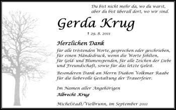 Traueranzeige von Gerda Krug von Odenwälder Echo