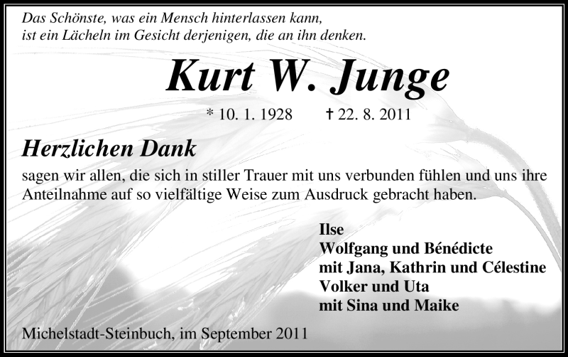 Traueranzeige für Kurt W. Junge vom 24.09.2011 aus Odenwälder Echo