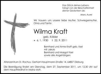 Traueranzeige von Wilma Kraft von Echo-Zeitungen (Gesamtausgabe)