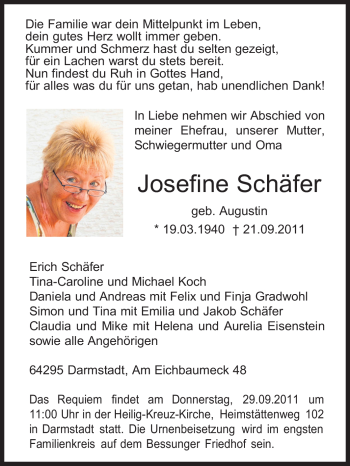 Traueranzeige von Josefine Schäfer von Echo-Zeitungen (Gesamtausgabe)