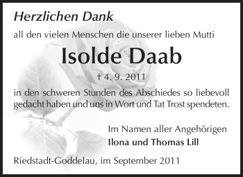 Traueranzeige von Isolde Daab von Echo-Zeitungen (Gesamtausgabe)