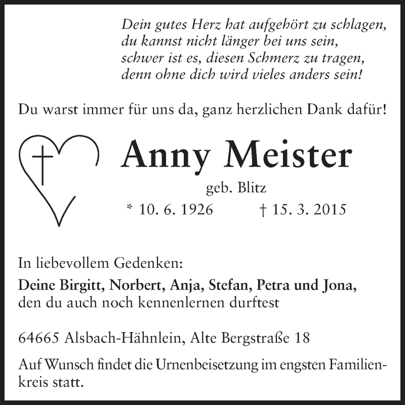  Traueranzeige für Anny Meister vom 21.03.2015 aus Echo-Zeitungen (Gesamtausgabe)