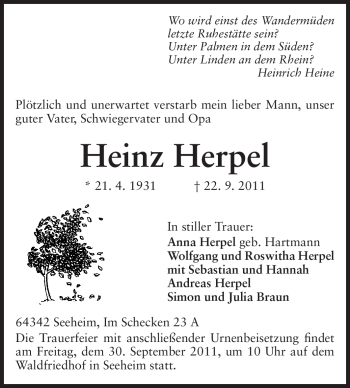 Traueranzeige von Heinz Herpel von Echo-Zeitungen (Gesamtausgabe)