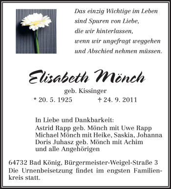Traueranzeige von Elisabeth Mönch von Echo-Zeitungen (Gesamtausgabe)