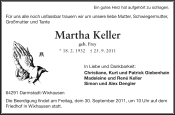 Traueranzeige von Martha Keller von Darmstädter Echo, Odenwälder Echo, Rüsselsheimer Echo, Groß-Gerauer-Echo, Ried Echo