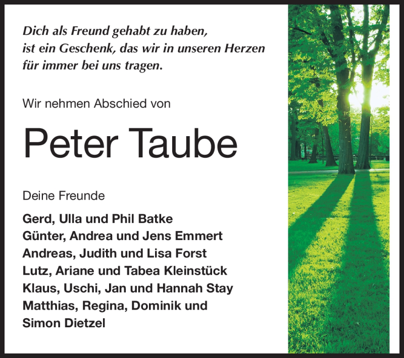  Traueranzeige für Peter Taube vom 29.09.2011 aus Rüsselsheimer Echo, Groß-Gerauer-Echo, Ried Echo