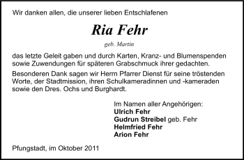 Traueranzeige von Ria Fehr von Echo-Zeitungen (Gesamtausgabe)