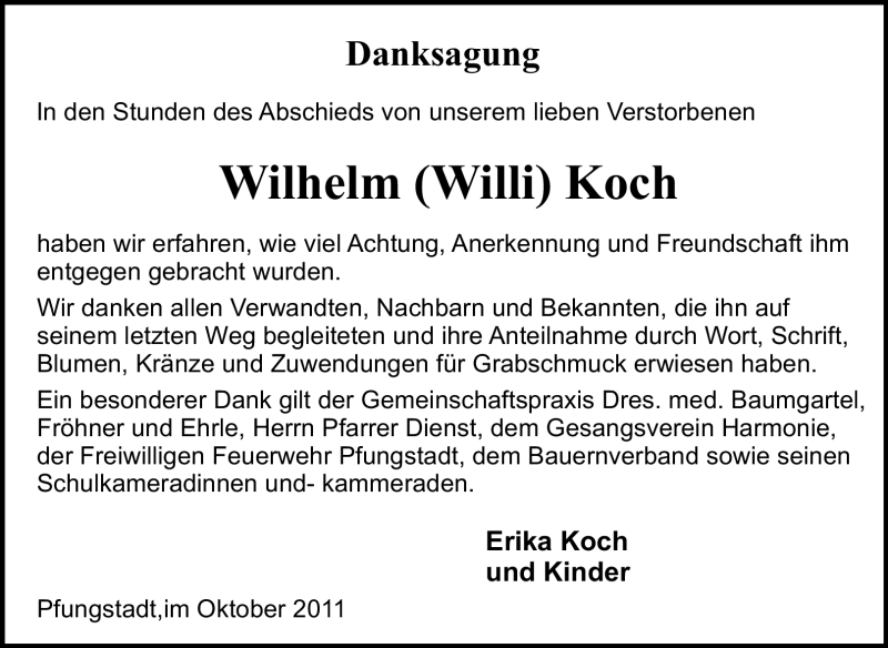  Traueranzeige für Wilhelm (Willi) Koch vom 01.10.2011 aus Echo-Zeitungen (Gesamtausgabe)