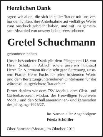 Traueranzeige von Gretel Schuchmann von Darmstädter Echo, Odenwälder Echo, Rüsselsheimer Echo, Groß-Gerauer-Echo, Ried Echo