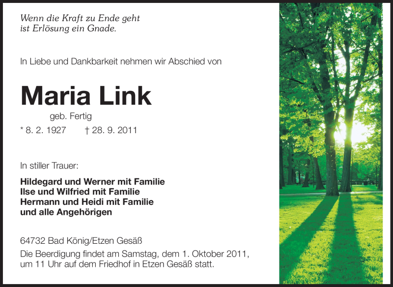  Traueranzeige für Maria Link vom 29.09.2011 aus Odenwälder Echo