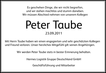 Traueranzeige von Peter Taube von Rüsselsheimer Echo, Groß-Gerauer-Echo, Ried Echo