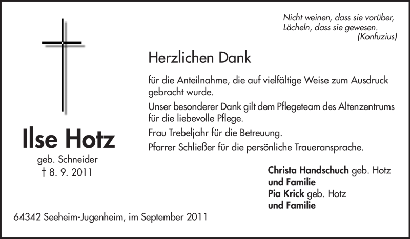  Traueranzeige für Ilse Hotz vom 01.10.2011 aus Echo-Zeitungen (Gesamtausgabe)