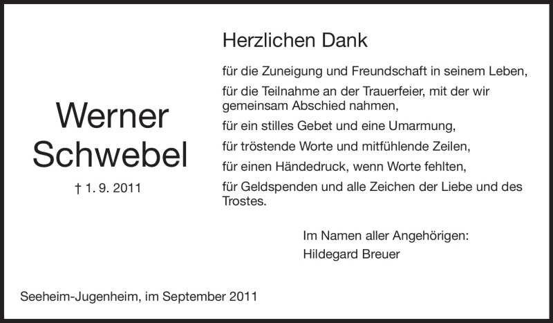  Traueranzeige für Werner Schwebel vom 01.10.2011 aus Echo-Zeitungen (Gesamtausgabe)