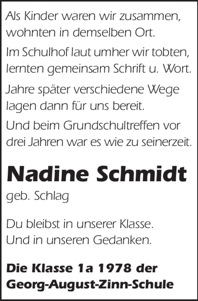  Traueranzeige für Nadine Schmidt vom 01.10.2011 aus Echo-Zeitungen (Gesamtausgabe)