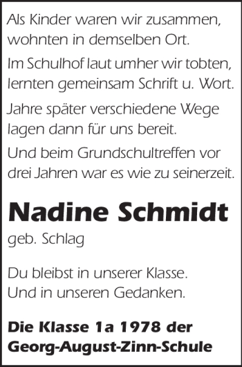 Traueranzeige von Nadine Schmidt von Echo-Zeitungen (Gesamtausgabe)
