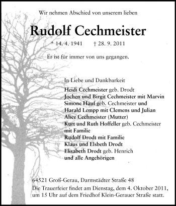 Traueranzeige von Rudolf Cechmeister von Rüsselsheimer Echo, Groß-Gerauer-Echo, Ried Echo