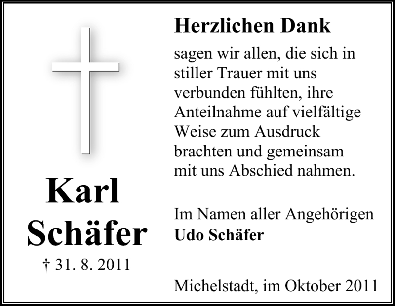  Traueranzeige für Karl Schäfer vom 30.09.2011 aus Odenwälder Echo