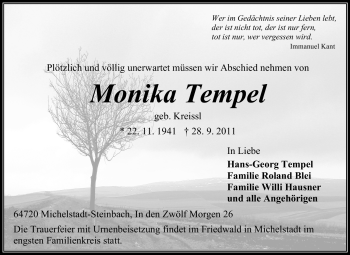 Traueranzeige von Monika Tempel von Odenwälder Echo