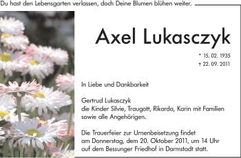 Traueranzeige von Axel Lukasczyk von Darmstädter Echo, Odenwälder Echo, Rüsselsheimer Echo, Groß-Gerauer-Echo, Ried Echo