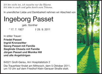 Traueranzeige von Ingeborg Passet von Rüsselsheimer Echo, Groß-Gerauer-Echo, Ried Echo