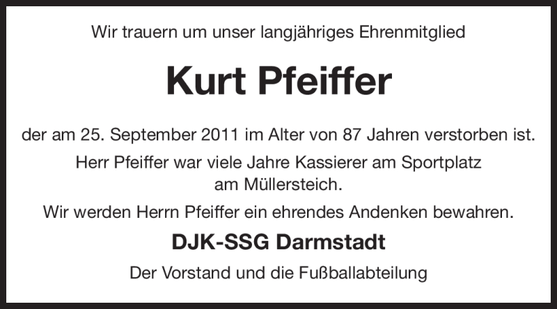  Traueranzeige für Kurt Pfeiffer vom 01.10.2011 aus Echo-Zeitungen (Gesamtausgabe)
