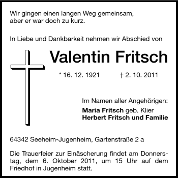 Traueranzeige von Valentin Fritsch von Echo-Zeitungen (Gesamtausgabe)