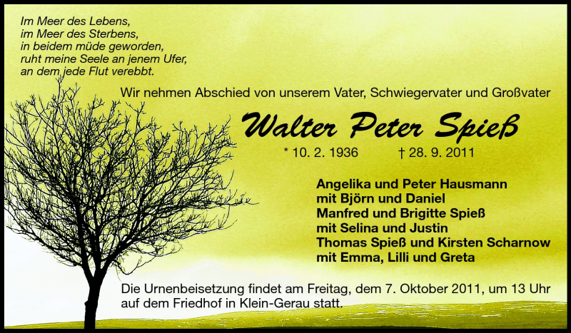  Traueranzeige für Walter Peter Spieß vom 05.10.2011 aus Rüsselsheimer Echo, Groß-Gerauer-Echo, Ried Echo