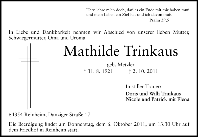  Traueranzeige für Mathilde Trinkaus vom 04.10.2011 aus Echo-Zeitungen (Gesamtausgabe)