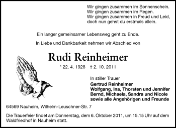Traueranzeige von Rudi Reinheimer von Rüsselsheimer Echo, Groß-Gerauer-Echo, Ried Echo