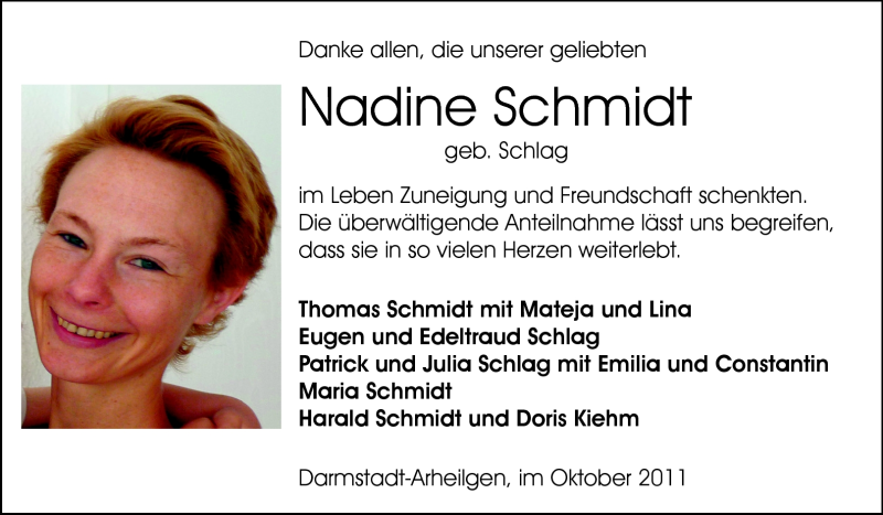 Traueranzeige für Nadine Schmidt vom 05.10.2011 aus Echo-Zeitungen (Gesamtausgabe)
