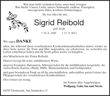 Traueranzeige von Sigrid Reibold von Echo-Zeitungen (Gesamtausgabe)