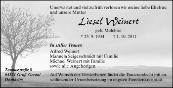 Traueranzeige von Liesel Weinert von Rüsselsheimer Echo, Groß-Gerauer-Echo, Ried Echo