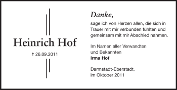 Traueranzeige von Heinrich Hof von Echo-Zeitungen (Gesamtausgabe)