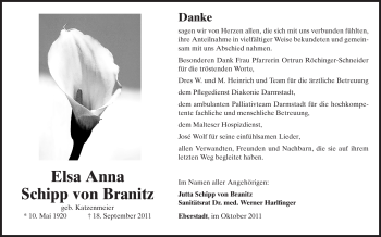 Traueranzeige von Elsa Anna Schipp von Branitz von Echo-Zeitungen (Gesamtausgabe)