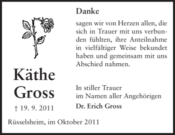 Traueranzeige von Käthe Gross von Rüsselsheimer Echo, Groß-Gerauer-Echo, Ried Echo