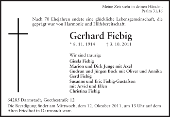 Traueranzeige von Gerhard Fiebig von Echo-Zeitungen (Gesamtausgabe)