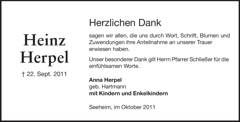  Traueranzeige für Heinz Herpel vom 08.10.2011 aus Echo-Zeitungen (Gesamtausgabe)