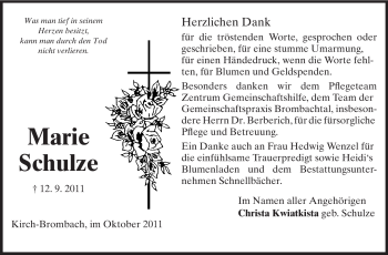 Traueranzeige von Marie Schulze von Odenwälder Echo