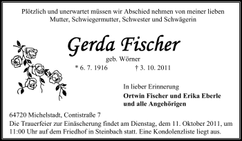 Traueranzeige von Gerda Fischer von Odenwälder Echo