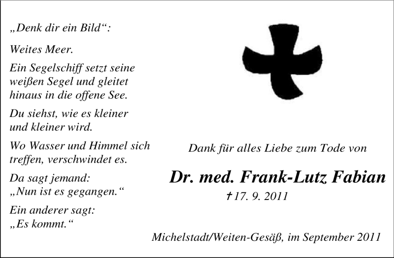  Traueranzeige für Dr. Frank-Lutz Fabian vom 08.10.2011 aus Odenwälder Echo