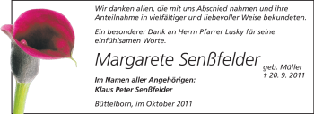 Traueranzeige von Margarete Senßfelder von Rüsselsheimer Echo, Groß-Gerauer-Echo, Ried Echo