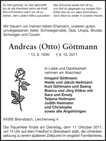 Traueranzeige von Andreas (Otto) Göttmann von Echo-Zeitungen (Gesamtausgabe)