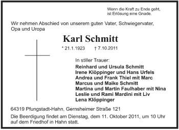 Traueranzeige von Karl Schmitt von Echo-Zeitungen (Gesamtausgabe)