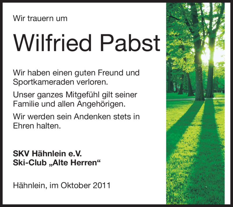  Traueranzeige für Wilfried Pabst vom 10.10.2011 aus Echo-Zeitungen (Gesamtausgabe)